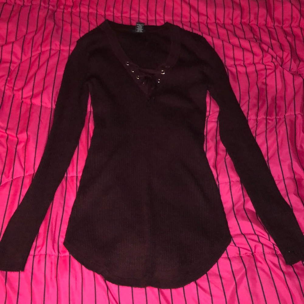 Rue 21 Long Sleeve Ribbed Lace Front Top
